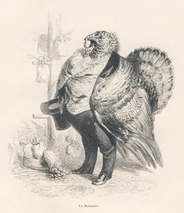 Turkey as a banker. Illustrated vignettes by JJ Granville. Engraving signed Tamisier in the section titled "Memories of an Old Crow" written by PJ Stahl in "Scenes from the Private and Public Life of Animals". Paris, J. Hetzel and Paulin