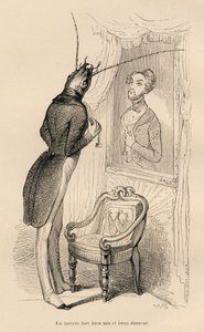 Insect looking at its human reflection in the mirror. Illustrated vignettes by JJ Granville. Engraving signed Andrew, Best and Leloir in the section titled "The Adventures of a Butterfly" written by PJ Stahl in "Scenes from the Private and Public Life of A