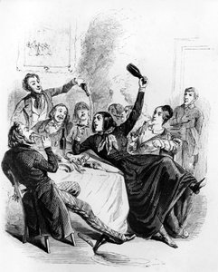 Lunch of boys from the two sexes: men and women drinking alcohol and smoking, drawing by Jean Ignace Isidore aka JJ Grandville