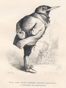 Blackbird "old, broken, talkative, whimsical but good, devoted and domestic by temperament". Illustrated vignettes by JJ Granville. Engraving signed Tamisier in the section titled "Memories of an Old Crow" written by PJ Stahl in "Scenes from the Private an