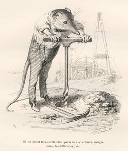 Mouse Perforating the Ground. Illustrated Vignettes by JJ Granville. Engraving Signed Breviere in the Section Titled 