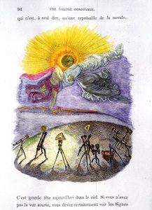 Personified astronomical instruments observing an eclipse (moon and sun kissing) - in Other World by Grandville by Grandville