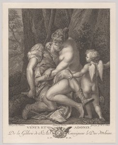 Venus mourning Adonis, seated beneath a tree and embracing him, with Cupid at right by Gérard René Le Vilain