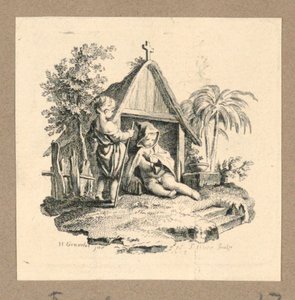 Two Figures in Front of Structure with Cross by Gravelot