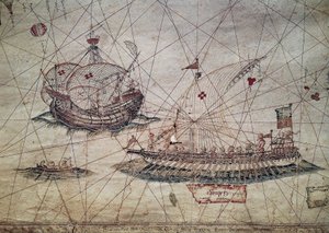 Galley and Portuguese caravel (detail) by Grazioso Benincasa