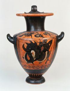 An Attic black-figure hydria depicting Athena and Herakles in combat, and below, Herakles wrestling with Nereos