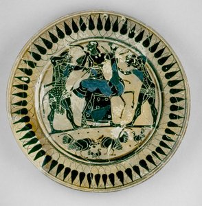 Attic black-figure plate decorated with a scene of Heracles and Apollo fighting over a deer and being separated by Artemis, in the manner of Lydos, from Greece by Greek