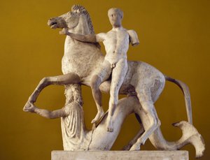 Dioscuro and Horse Supported by a Triton, Parian Marble, Sculptural Decoration from Western Facade of Marasa District Temple, Locri, Calabria, Italy, Greek Civilization, 5th-4th Century BC