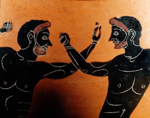 Greek Art: Panathenaic Terracotta amphora: detail depicting a battle of pugilat. Tomb of the Vulci warrior. Rome, Museo Nazionale di Villa Giulia