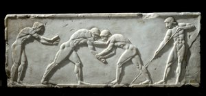 Greek Art: Base of Kouros Representing Wrestlers During a Fight by Greek