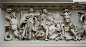 Greek art: representation of Hecate and Artemis. Frieze of the altar of Zeus at Pergamon, low relief of Eumene II