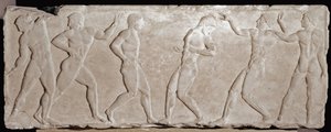Marble relief of a funerary kouros representing six athletes. 510-500 BC. From the Acropolis, Athens. National Museum of Archaeology, Athens
