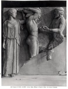 Metope X from the Temple of Zeus Depicting Hercules Receiving the Golden Apples of the Hesperides from the Hand of Atlas, While Minerva Rests a Cushion on His Head by Greek