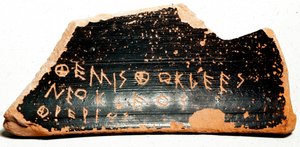 Ostrakon (or ostracon), pottery shards serving as ballots during ostracism procedures in Ancient Greece. 480 BC Athens. Agora museum. by Greek