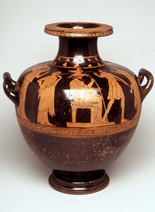 Painting on Vase: Representation of Jupiter (Zeus) Truncating in the Center. Above Her Head Appears Athena, Every Army (Birth of Athena). Facing Zeus, is Hephaistos. 470 BC. BNF, Cabinet des Medailles