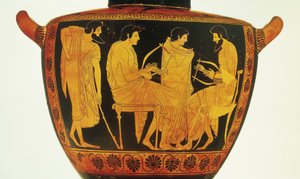 Red-figure pottery, Attic hydria by Phintias portraying music lesson