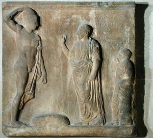 Relief plaque depicting a ceremony of invocation to Theseus by Greek