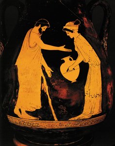 Man with walking stick and woman with water jar