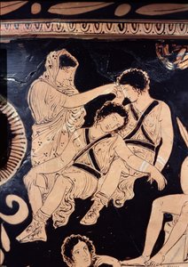 Attic red-figure krater depicting Orestes as suppliant at the shrine of Apollo in Delphi, attributed to the Apulian Eumenides Painter, c.380 BC (detail)