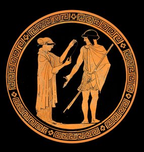 Gallant conversation, decoration of a ceramic with red figures, 5th century BC by Greek School