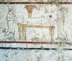 Gaudo Necropolis, Lucanian fresco tomb painting depicting the deceased on her deathbed, 340 BC
