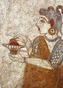 Greek civilization, fresco depicting priestess burning incense, from Akrotiri, Thera Island, Santorini, Greece