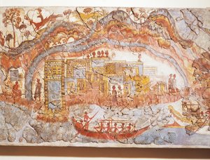 Greek civilization, fresco depicting ship procession, from Akrotiri, Thera Island, Santorini, Greece by Greek School
