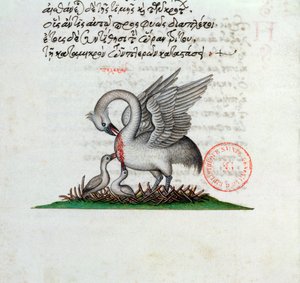 A Pelican Piercing its Breast to Feed its Young, from a Bestiary by Manuel Philes, 1566 by Greek School