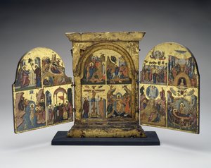 Raising of Lazarus; Entry into Jerusalem; Crucifixion; Descent of Christ into Hell (central panel) by Greek School