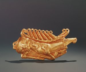 Recumbent stag, decorated on the body with figures of winged griffin, hare, lion, dog and rams head