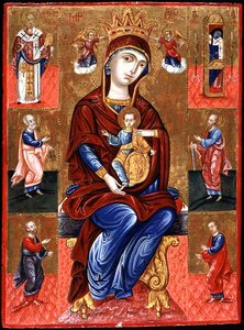 Virgin of Skopiotisa Enthroned with Christ and Six Saints, c.1700 by Greek School