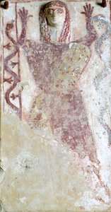 Polychrome Painting on Pinax and Relief Depicting Feminine Deity with Serpent from Agora of Athens, Greece, Greek Civilization, 7th Century BC