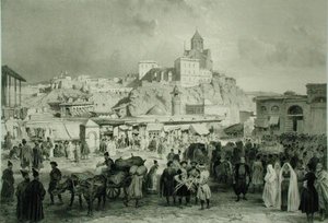 The Bazaar in Maidan Square, Tiflis, Georgia, plate 25 from a book on the Caucasus, engraved by Adolphe Jean-Baptiste Bayot and Eugene Ciceri, published by Alfred Leon Lemercier, Paris by Grigori Grigorevich (after) Gagarin