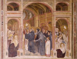 Vestments and Baptism of Augustine, Scene from Stories of St Philip and St Augustine, by Guariento, Church of the Eremitani, Padua, Italy