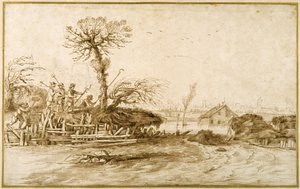 A river in flood, and peasants with axes and other tools by Guercino