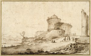 Landscape with a broken column, a castle and numerous figures in the foreground at the right by Guercino