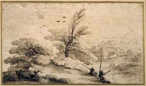 Landscape with two fishermen resting by Guercino