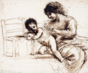 A Mother and Child by a Chair by Guercino