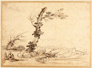 Landscape with Falconers by a Tree by Guercino