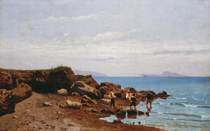 Fishermen on the Neapolitan coast, with the island of Capri in the background by Guglielmo Ciardi