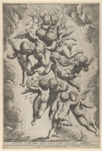 A Group of Angels Embracing in Flight, Framed by Clouds by Guido Reni