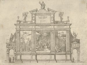 Facade of a triumphal monument with three scenes depicting deeds of Pope Clement VIII, a temporary decoration for the event by Guido Reni