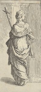 Girl carrying a crucifix and stepping toward a pilaster, seen from behind by Guido Reni