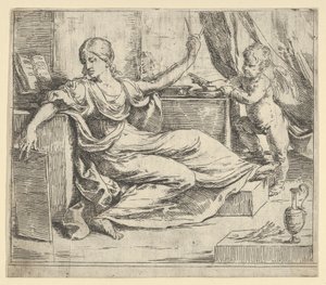 Seated Woman Holding a Tablet and Compass Allegory of Learning, a Winged Putto by Guido Reni
