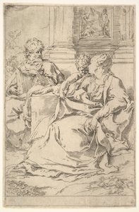 The Holy Family with Scriptural Scene in Background
