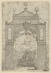 Triumphal arch covered in foliage with mounted troops below, a temporary decoration for the event by Guido Reni