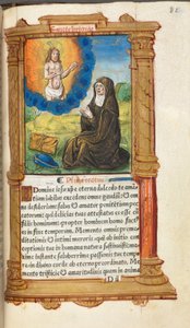 Printed Book of Hours (Use of Rome): St. Bridget in Prayer before an Apparition of Christ by Guillaume Le Rouge