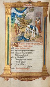 Printed Book of Hours (Use of Rome): fol. 9v, August calendar illustration by Guillaume Le Rouge