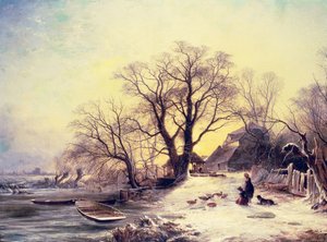 Figures outside a cottage in winter
