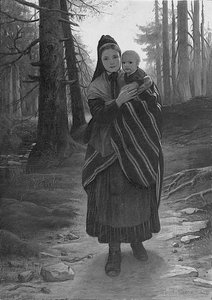 Mother and child on a wooded path by Gustav Adolph Spangenberg